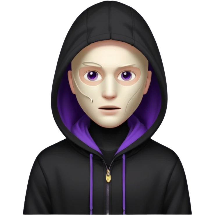 non human male cartoon character related to a shadow, with all black clothes, focusing a black hoodie, and a black versace face mask covering his entire face, just his purple shadow eyes making a light bloom emoji