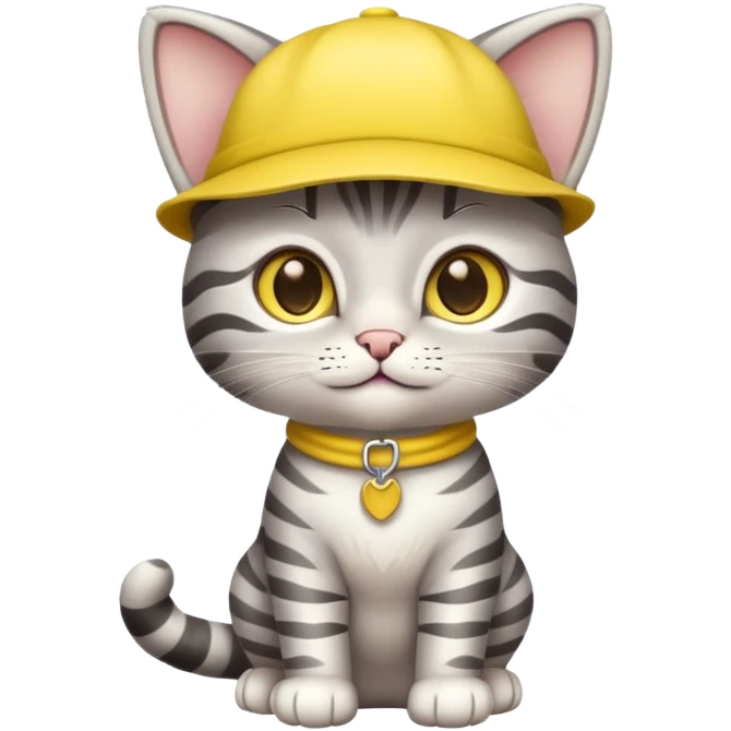 Silver tabby cat cub with yellow hat full body emoji