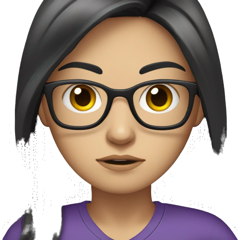 white girl, angry scowling, purple t-shirt, long black hair, wearing glasses, with arms crossed over chest. emoji