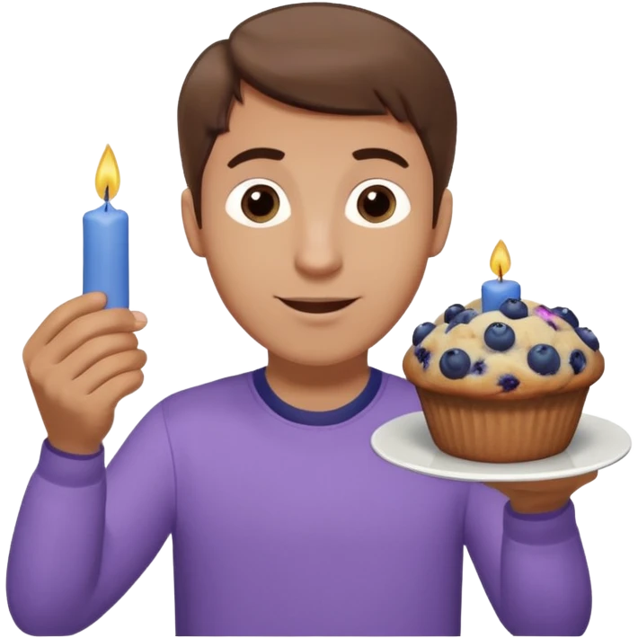 Make a white man with brown hair wearing a shirt that says happy b day Virginia holding a blueberry muffin with a birthday candle in it. Have him holding multiple muffins and no candles in hand. Have him wearing a purple shirt. He should still be a white guy in a light purple shirt emoji