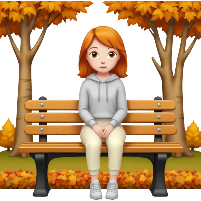 Autumn trees ginger girl sitting on bench wearing cream pants emoji