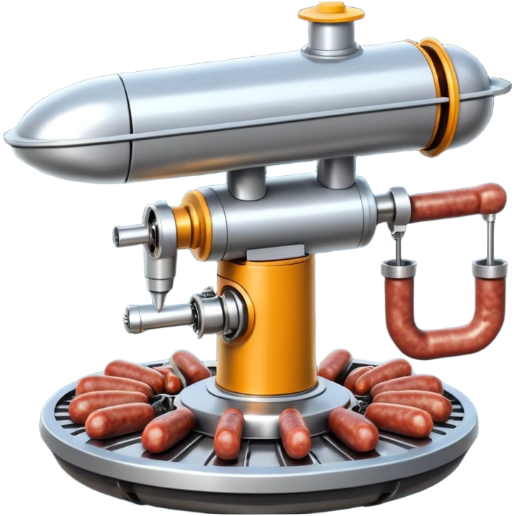 sausage-processing droid. retro-futuristic style. top is a circular industrial meat grinder with rotating gears and blades. Two robotic arms feed material into grinder. Sausage links extrude from the rear like  factory. The body is metallic, compact, and floats above the ground.no legs. Dark humor emoji
