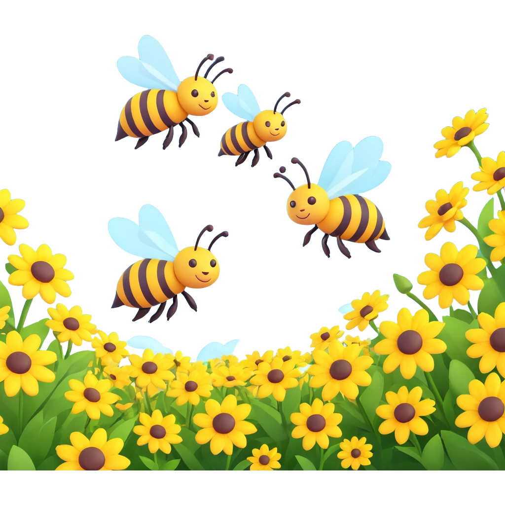 Two bees flying above yellow flowers with a yellow background and a sun in the sky emoji