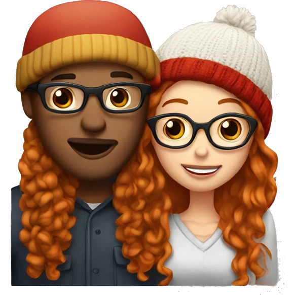 Red haired white couple kissing. Woman long hair with beanie. Man curly hair with glasses. emoji