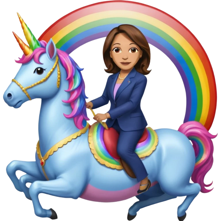 Kamala Harris and donald trump riding a rainbow unicorn emoji
