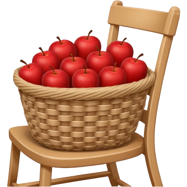 woven basket with apples and cloth on a white wooden chair, brown emoji