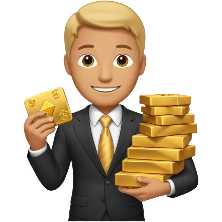 billionaire character wearing a suit and tie with a confident smile holding a stack of money or gold emoji