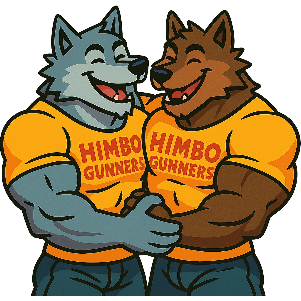 keep only the two hyper-muscular wolf furries in 'Himbo gunners' t-shirts hugging emoji