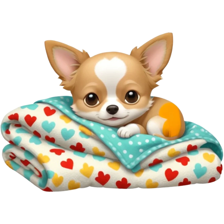 Long haired chihuahua, beige head, white chest and socks, sleeping cutely under blanket emoji