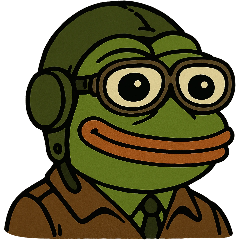 Pepe the Frog as a pilot with aviator glasses and cap, meme style emoji