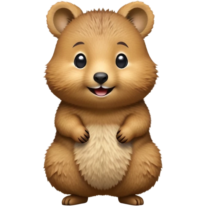 cinematic-quokka-realistic-emoji,-small-round-frame-balanced-on-tiny-strong-hind-legs, head tilted in an endearing manner, comical smil, giant-fluffy-cheeks-large-smile-fluffy-brown-fur-radiating-a-warm-softness,-big-round-eyes-filled-with-joy, realistic emoji zoomed in emoji