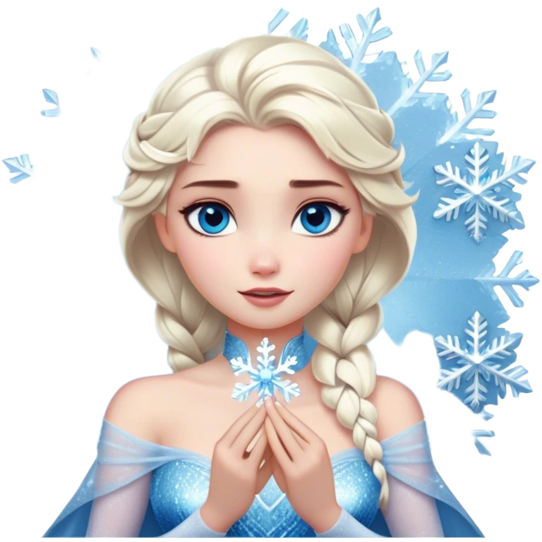 Cinematic Realistic Elsa Portrait, depicted with lifelike skin texture, soft natural lighting, and intricately detailed platinum blonde hair styled elegantly. Her striking, expressive blue eyes exude confidence and grace, complemented by a serene and regal expression. She holds a shimmering snowflake delicately in one hand, her other hand resting against her gown, embodying the power and beauty of winter. She is dressed in her signature icy attire, with shimmering fabric textures and delicate folds that catch the light beautifully. The portrait features a soft, enchanting glow with a cool, radiant finish, capturing the essence of timeless elegance in a realistic and painterly style. emoji