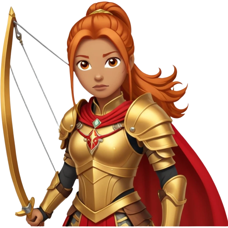 a strong woman with tan skin, long ginger ponytail, and fierce eyes. She wears a warrior’s outfit with gold and red armor, including a breastplate, armguards, and a long cape. She holds a bow,  emoji
