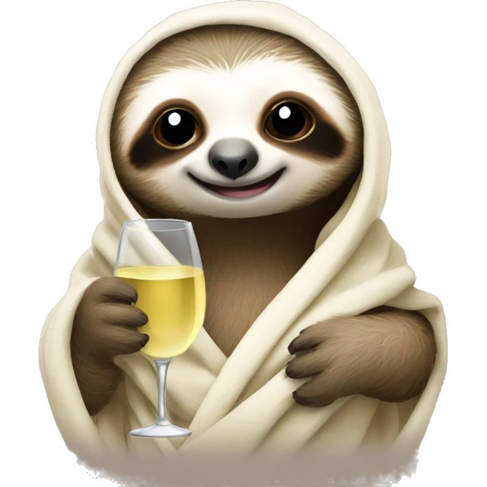 cute baby sloth wrapped in blanket holding a glass of white wine/prosecco emoji