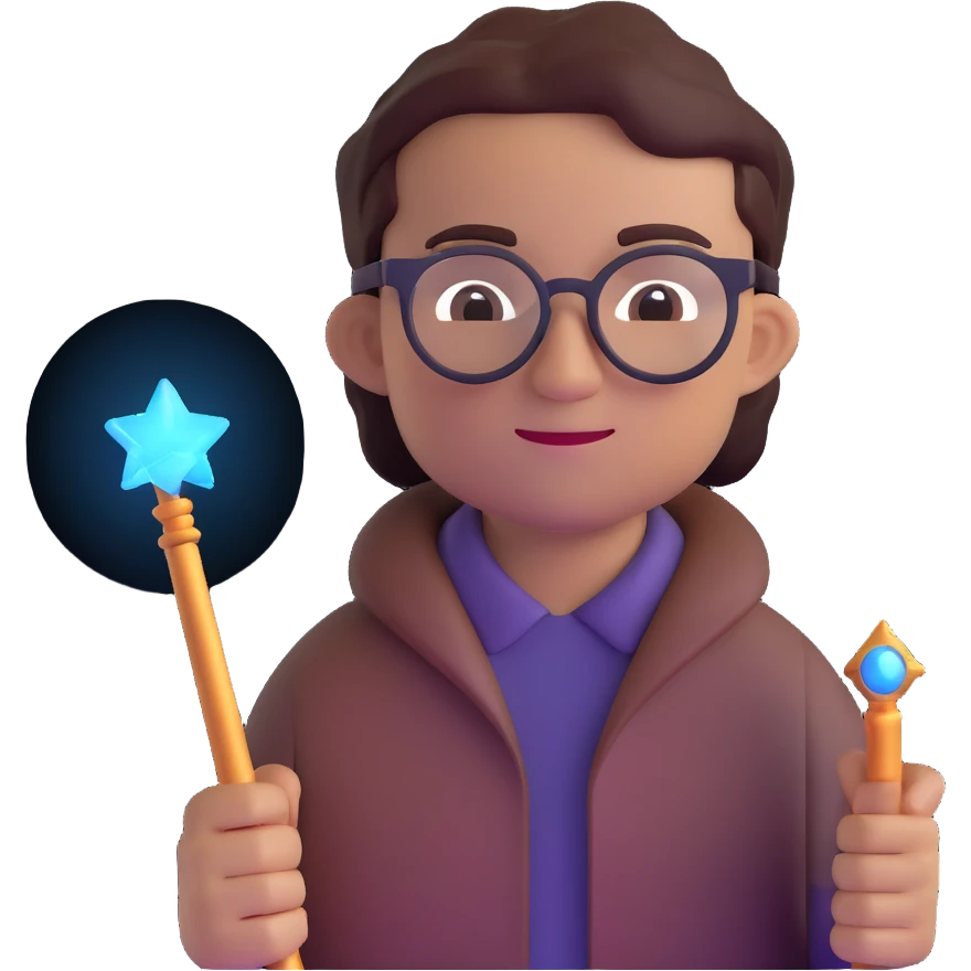 developer with glasses holding a glowing magic wand emoji