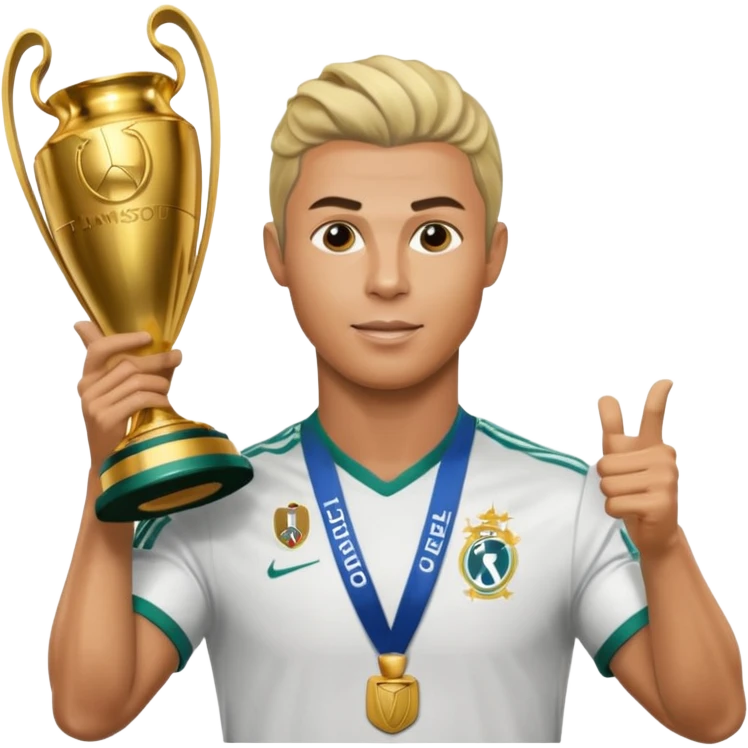 Cristiano Ronaldo holfing the champions league with noodle hair a bit longer noodle hair with a bit of blonde highlights and tge hair xoming down a bit just a bit of blonde not completely emoji
