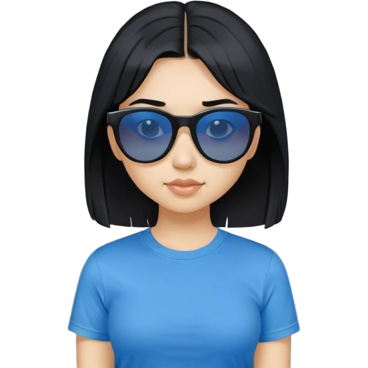A girl with black bob hair with pony, wearing black sunglasses and a blue t-shirt. emoji