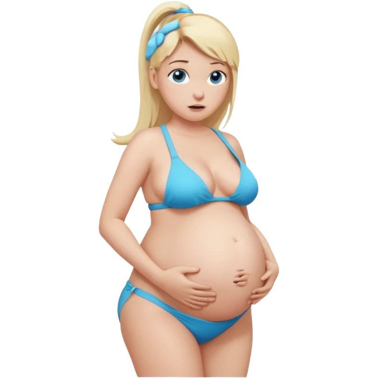 White girl, long blonde ponytail, blue eyes, huge pregnant belly, full body, white bikini, scared expression, looking at belly. emoji