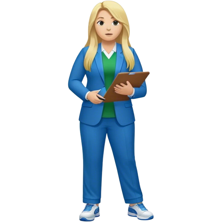 Full Body white plus size female basketball head coach using a clipboard with long blonde hair in a blue and green suit emoji