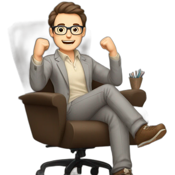 Joyful Celebrating victory Hands up Pale skinned Fit Man With dark brown hair in gray jacket, beige office shirt, Brown pants and vintage glasses sitting In a soft chair emoji