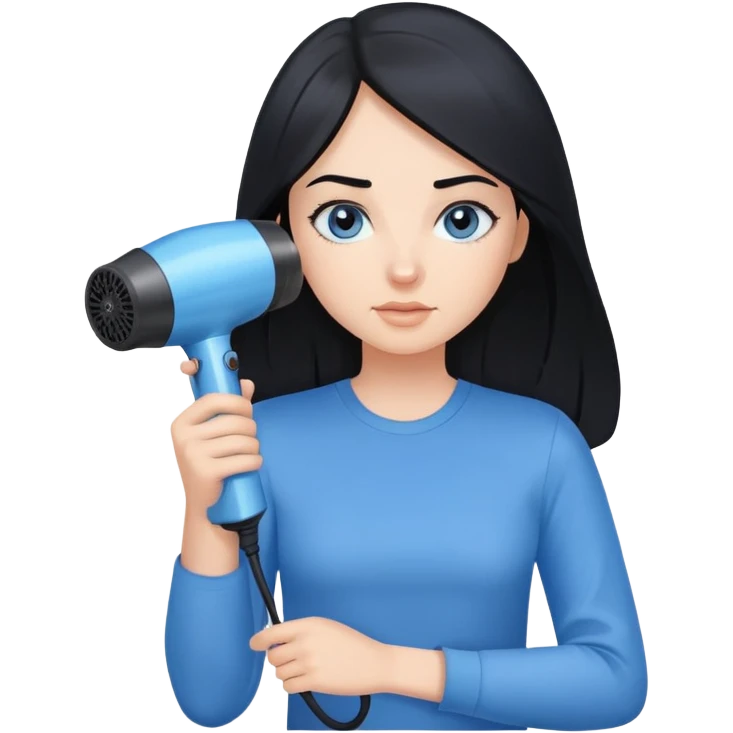 a girl with black hair, blue eyes in a blue shirt and with a hair dryer in her hands emoji