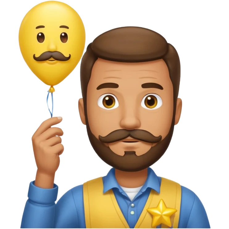 man with bead and mustache holding star yellow balloon emoji