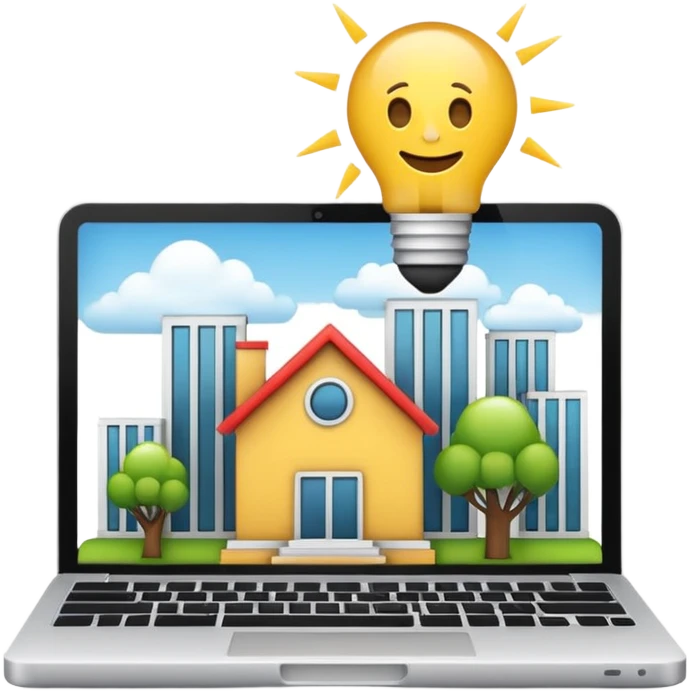 Emoji de una agencia creativa: edificio moderno pequeño con laptop y bombilla de ideas, estilo emoji minimalista, colores planos, líneas limpias, aspecto profesional y amigable, fondo transparente. emoji