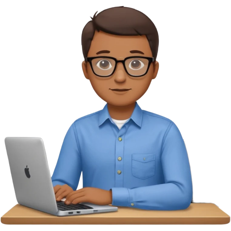 Create an emoji of a professional agronomist in an online video call. Sitting at a desk with laptop, wearing a shirt and glasses, friendly and confident expression, minimal flat design, bright colors, vector style, white background. emoji