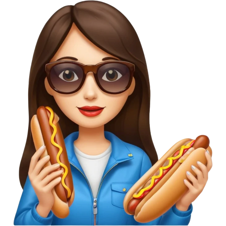 tourist brunette long hair woman with sunglasses holding hot dog emoji