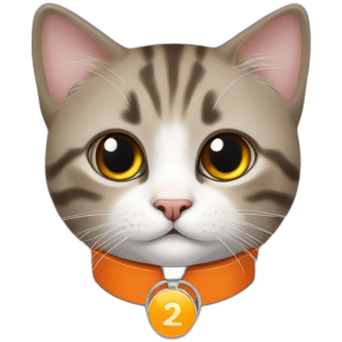 merkel cat with orange colored neckband and an airtag emoji