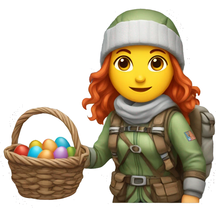 Greek Female winter mountaineer red hair white skin climbing with Greek Flag and Easter eggs basket emoji
