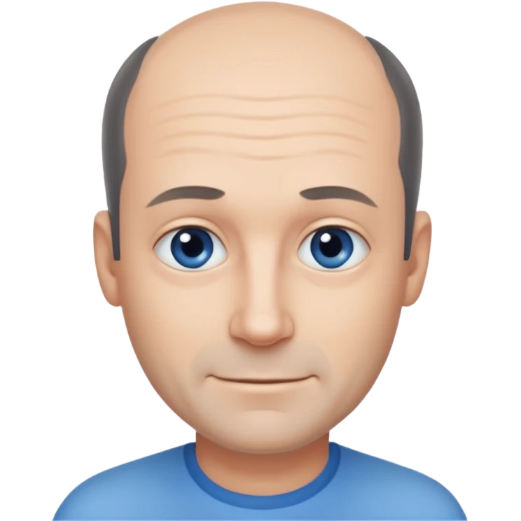Middle aged man with black-greyish receding hairline, small blue eyes, clear face, shy smile emoji