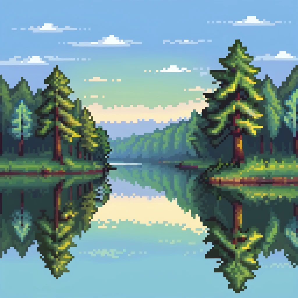 Calm river with reflection of trees and sky emoji