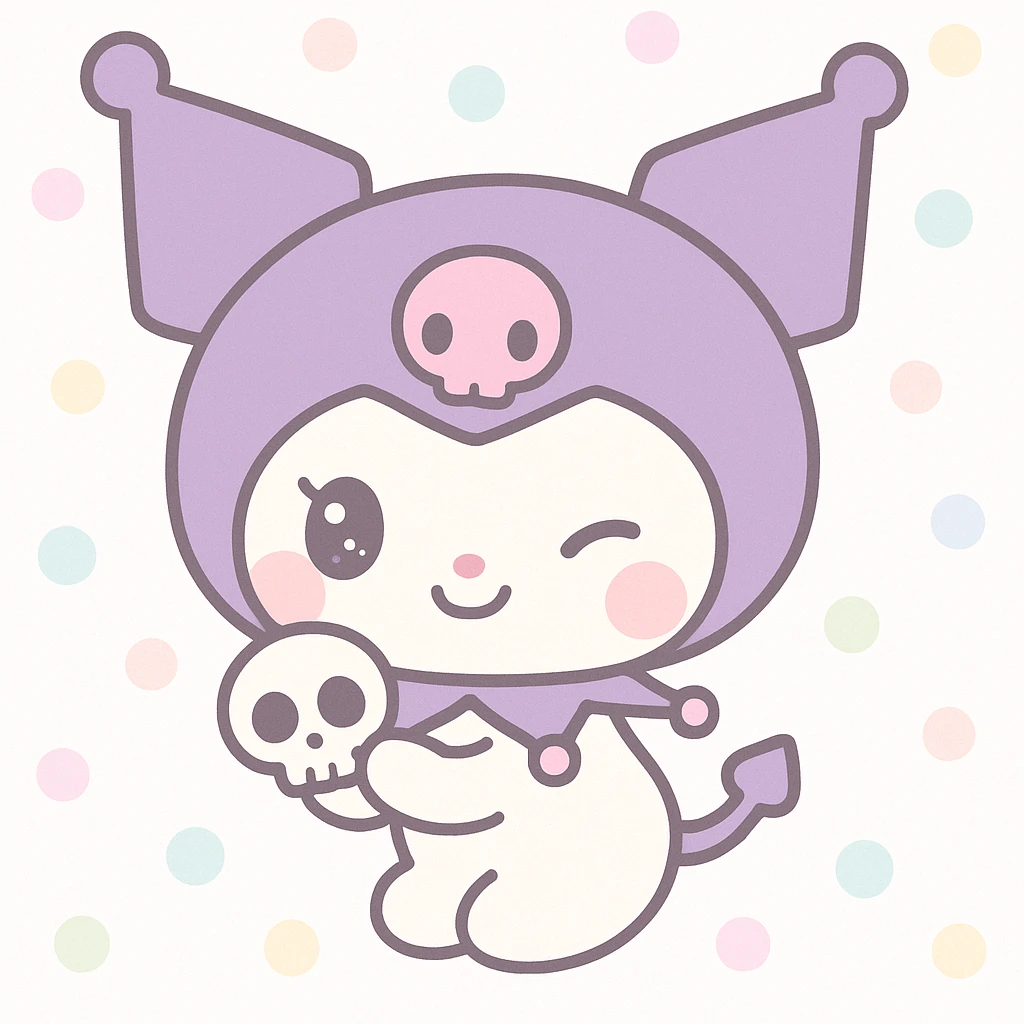 Kuromi character, kawaii style, winking, holding a skull emoji