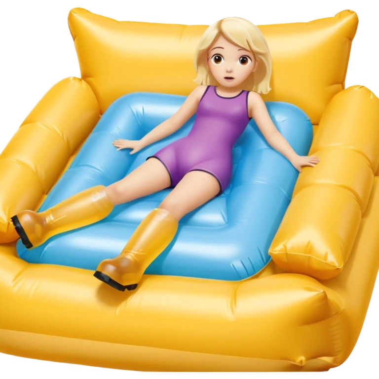 chica rubia con cara de miedo con unas botas de presoterapia gigantes inflables tirada en una cama amarilla emoji