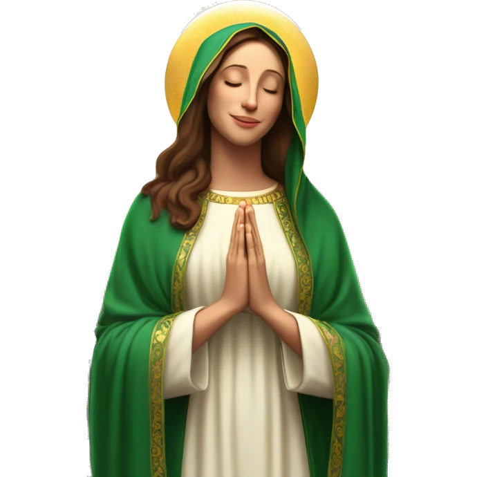 Virgin Mary: kind face looking down at the left, long brown hair, Wearing an emerald green  robe with gold stars and a burgundy red dress,  Hands in prayer or blessing. Halo around her head. standing in front of a big sun. colorful roses on the sides  emoji