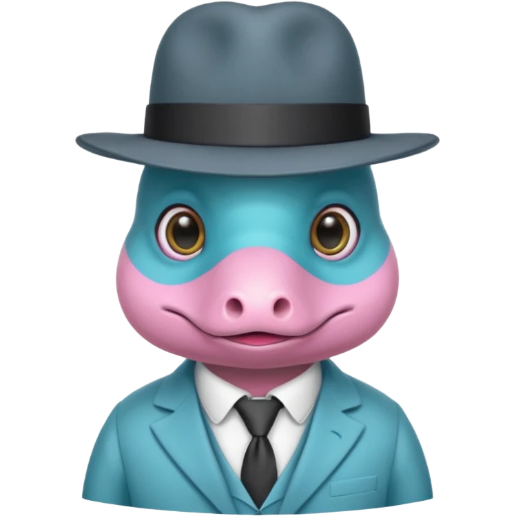 cute light blue turqiouse platypus head, mysterious with very big eyes with a detective hat and monocle on his eye, no  hands, looks like a platypus but blue, the hat and suit are pink emoji