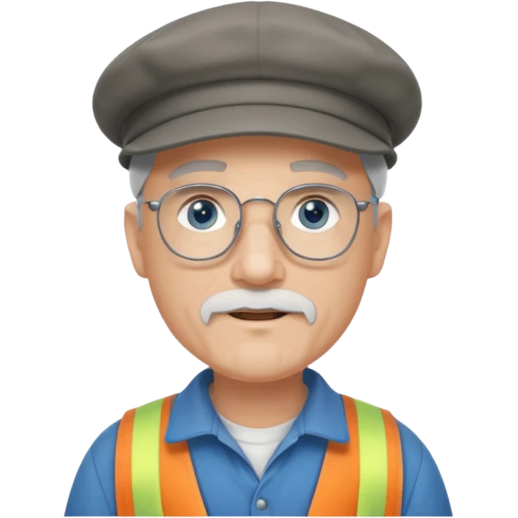 Older cute white male, grey Irish flat cap, handyman, blue eyes wire rim glasses, goatee emoji