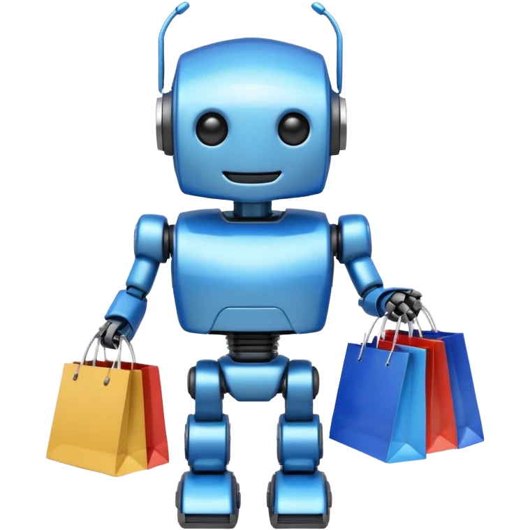 black friday robot with blue and metalic colours with bags in his hands smiling emoji