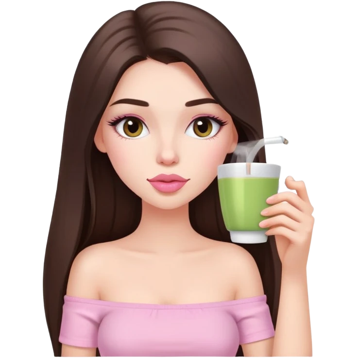 exotic pale girl, very full lips, long straight brunette hair, long lashes, pastel pink tube top, sipping tea  emoji