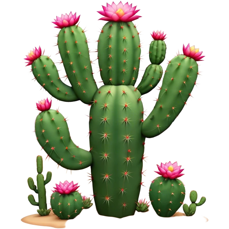 Cinematic Realistic Cactus Emoji, Tall and spiny, with thick, rounded stems covered in sharp spines. Bright flowers bloom at the tips of some branches, adding a pop of color against the desert backdrop. Soft glowing outline, capturing the essence of strength, survival, and desert beauty in a striking cactus! emoji