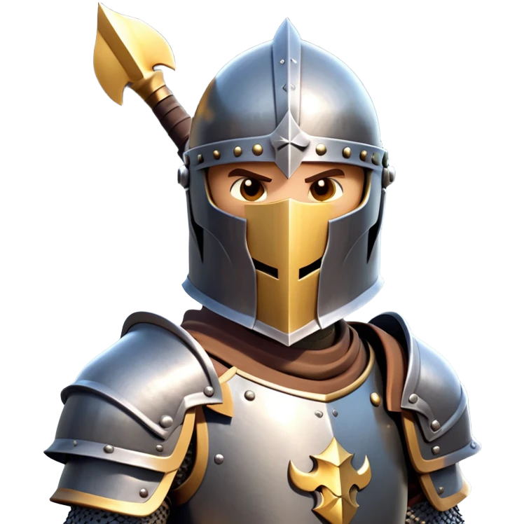 clash-of-clans-aesthetic_-cinematic-fearsome-and-majestic-knight-bust-portrait-emoji, rendered in a flat, vector-style with minimal shading and bold, simplified shapes, depicting a battle-ready medieval knight with steely eyes and intricate armor, mounted on a warhorse reflecting sunlight over a misty battlefield. emoji