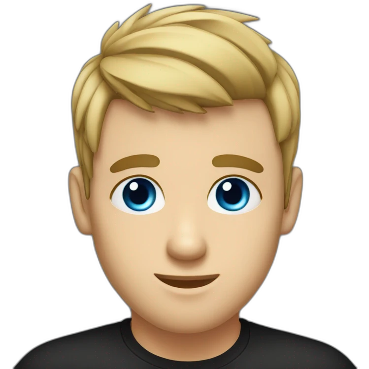 a guy with blue eyes, dark hair and bangs with a top-knot hair cut in a black t-shirt emoji