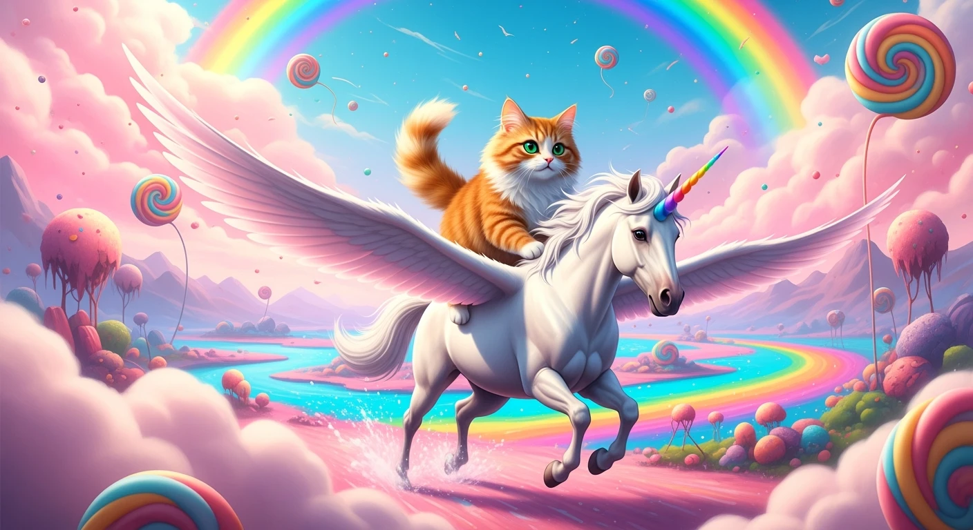 Cinematic still of a cat riding on unicorn around magic pink, and blue candy world, rainbow, dynamic shot emoji