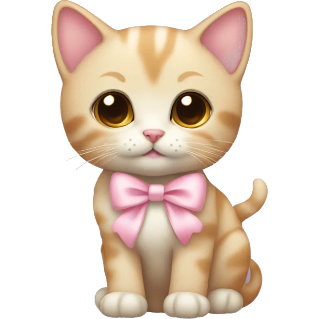 Cute kitten with a small light pink bow on its left ear emoji