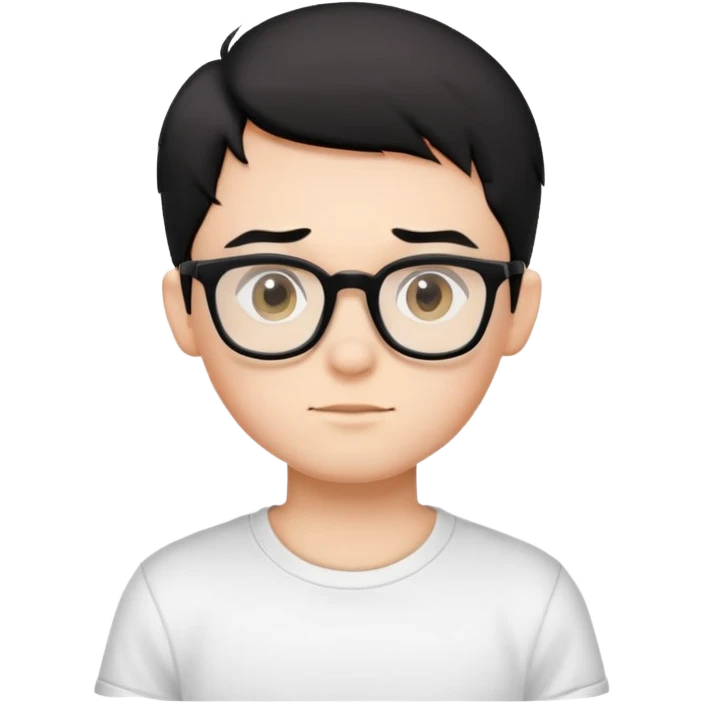 A boy with black-framed glasses, short black hair, and a white T-shirt emoji