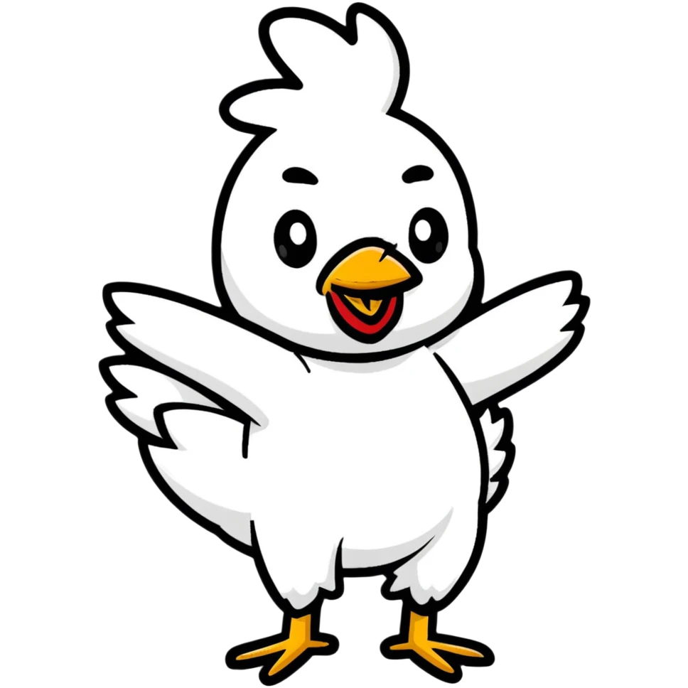 A funny cartoon chicken doing a silly dance emoji