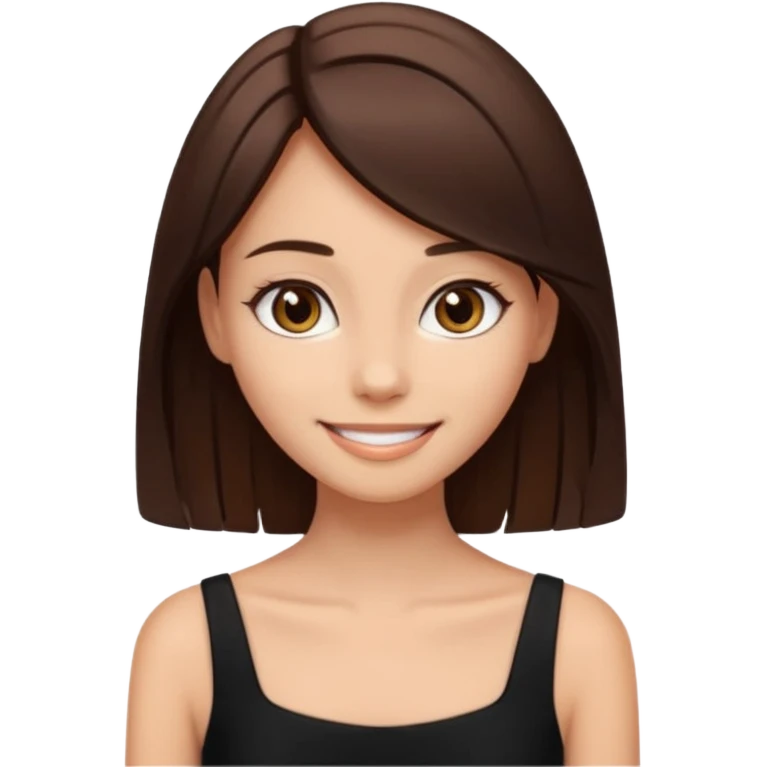 девушка в черном платье с коричневыми волосами средней длины, у нее карие глаза и красивая улыбка, она стройная emoji