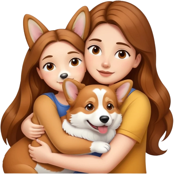 Girl with long brown hair hugs a corgi dog emoji