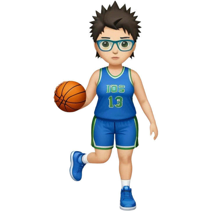 full body white plus size women basketball player with short spiky dark hair with added blond highlights wearing blue glasses wearing blue and green uniform emoji